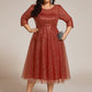 Plus Size 3/4 Sleeve Midi Round Neck A-Line Sequin Wedding Guest Dress