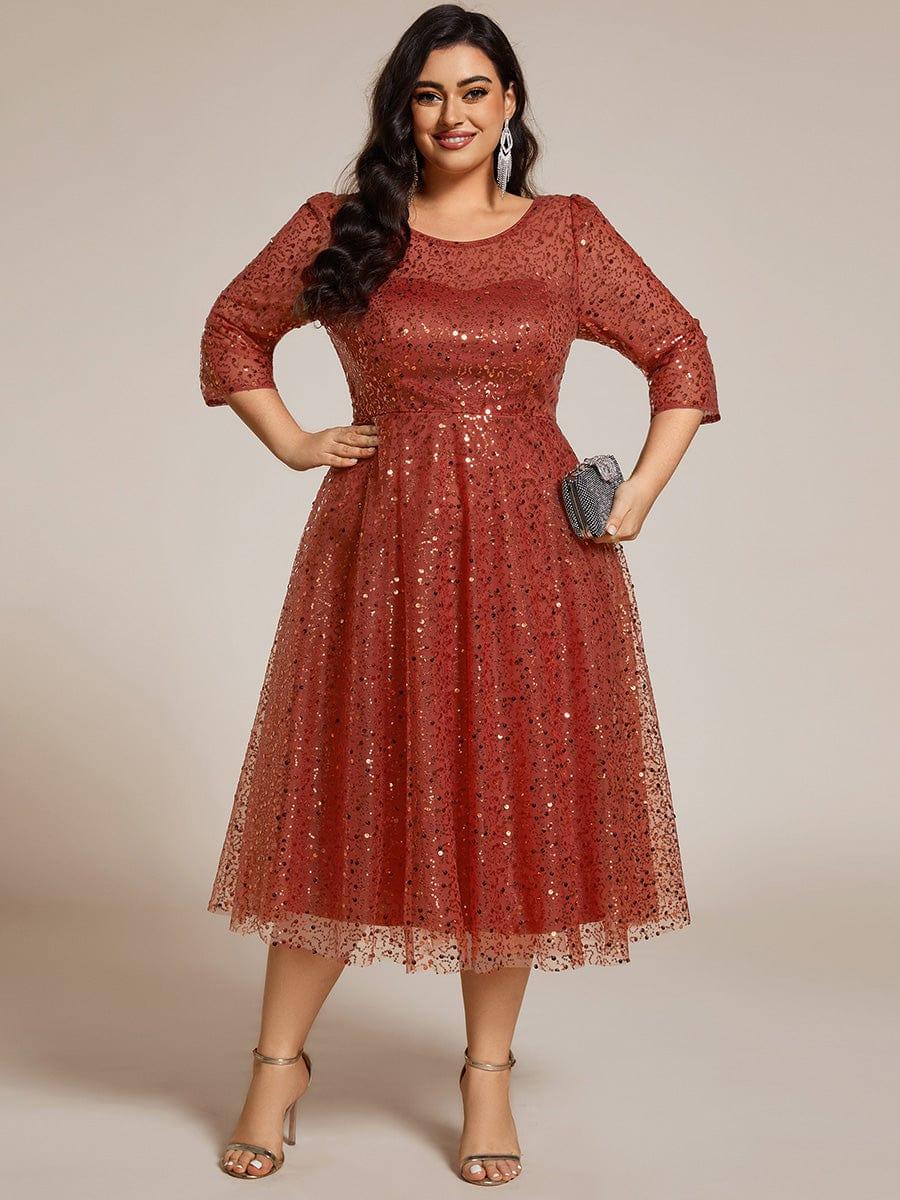 Plus Size 3/4 Sleeve Midi Round Neck A-Line Sequin Wedding Guest Dress