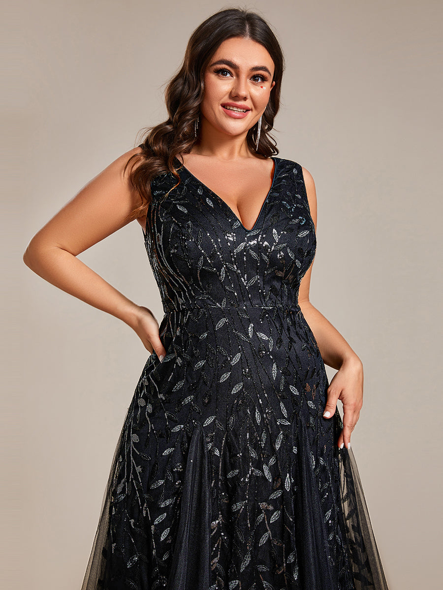 Plus Size Sparkling Sleeveless Leaf Sequin A-Line Formal Evening Dress