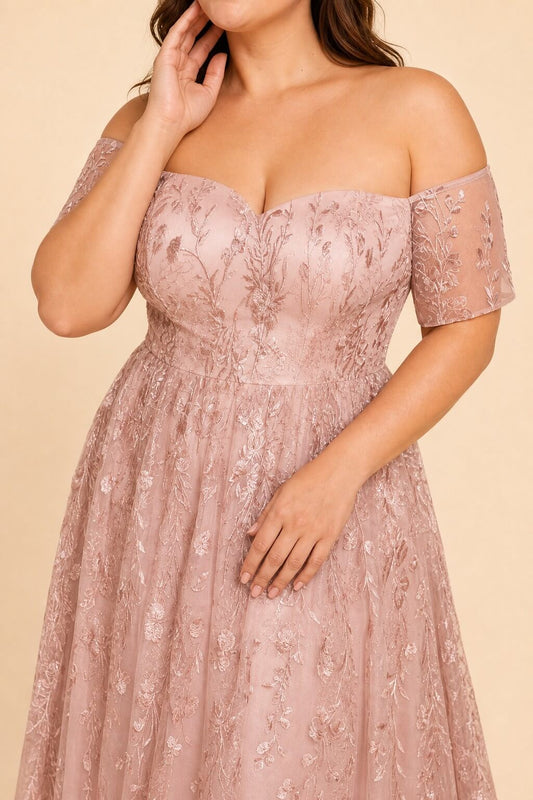 Plus Size A-Line Bride or Bridesmaid Dress with Floral Embroidered Tulle