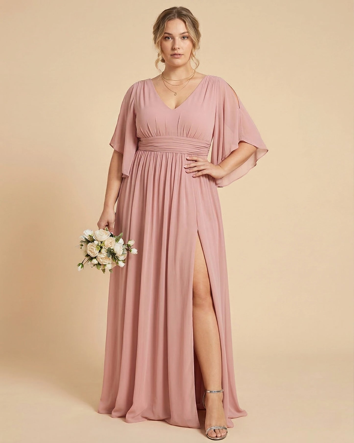 Petaline Romantic Plus Size A-Line Bridesmaid Dress with V-Neck Pleated Chiffon - for Weddings N0301