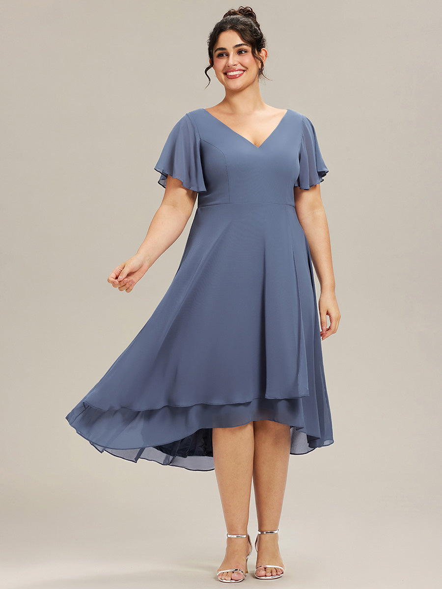 Plus Size Flowing Chiffon V-Neck Ruffle Sleeves Wedding Guest Dress