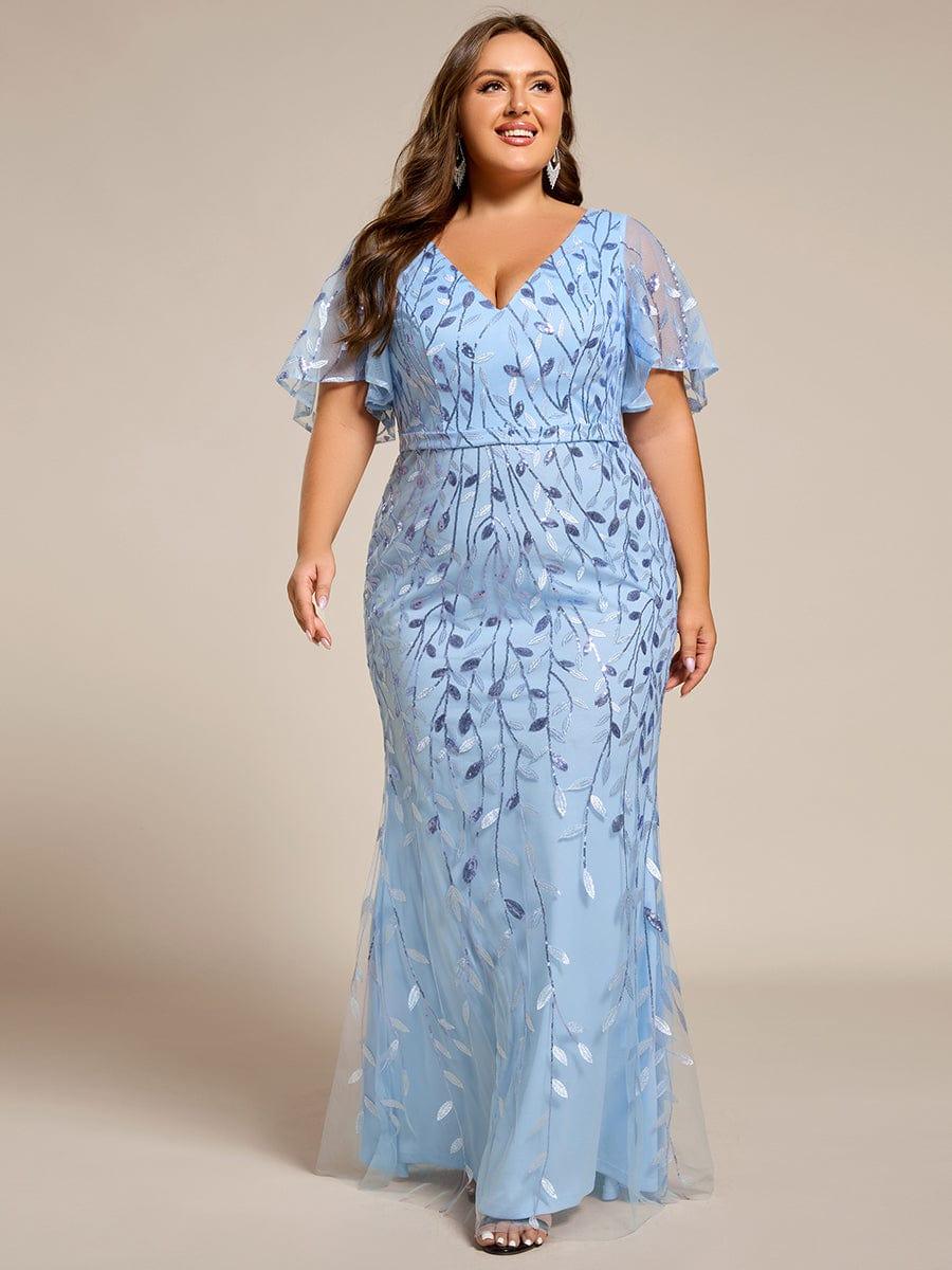 Fashion Plus Size V Neck Mermaid Sequin & Tulle Evening Dress