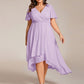 Plus Size Chiffon Short Sleeves Pleated V-Neck A-Line Midi Wedding Guest Dress