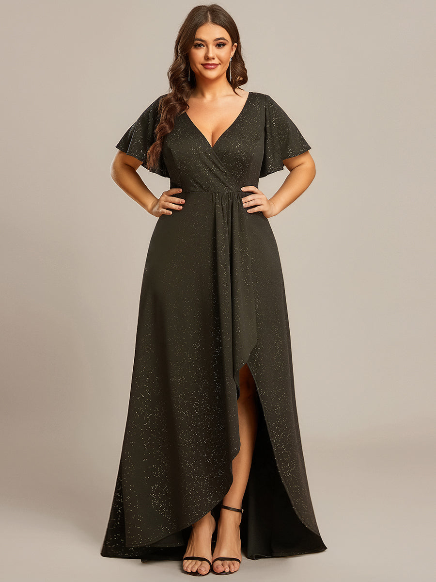 Plus Size Glitter Ruffled High-Low Front Slit Evening Dress