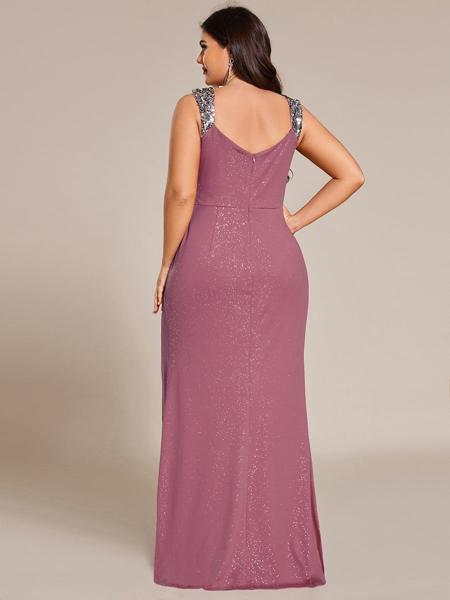 Plus Size Glitter V-Neck High Slit Sequin Shoulder Strap Evening Dress