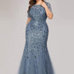 Floral Sequin Print Plus Size Mermaid Tulle Evening Dress