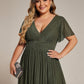 Plus Size V-Neck Glittery Short Sleeves Formal Evening Dress with Empire Waist