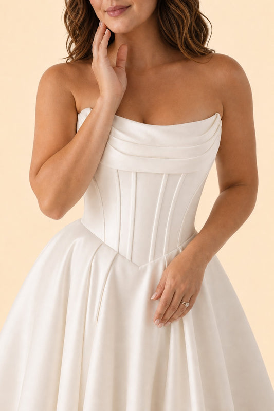 Romantic Timeless Plus Size Bridal Gown with Ruched Bodice and Basque Waistline