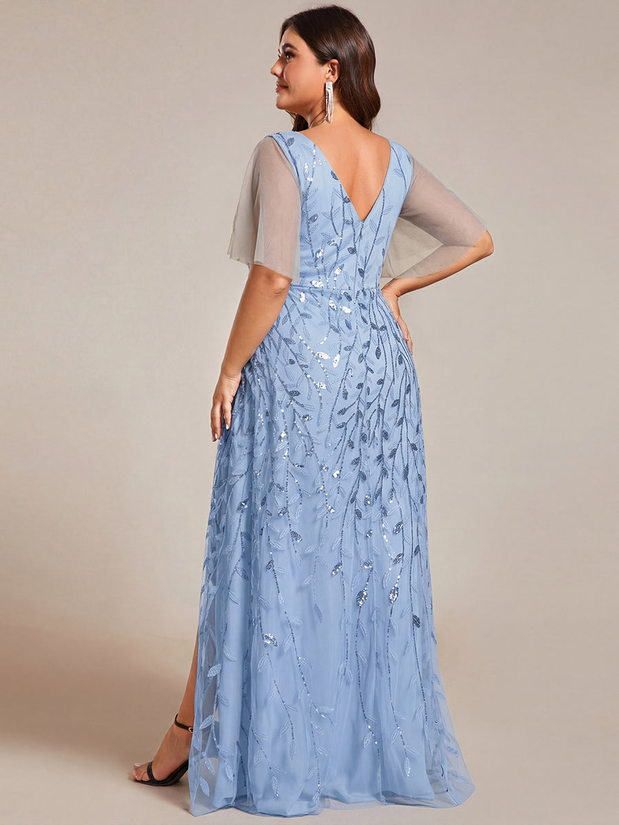 Plus Size Short Sleeves Sequin High Low V-Neck Midi Formal Evening Dress