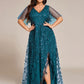 Plus Size Short Sleeves Sequin High Low V-Neck Midi Formal Evening Dress