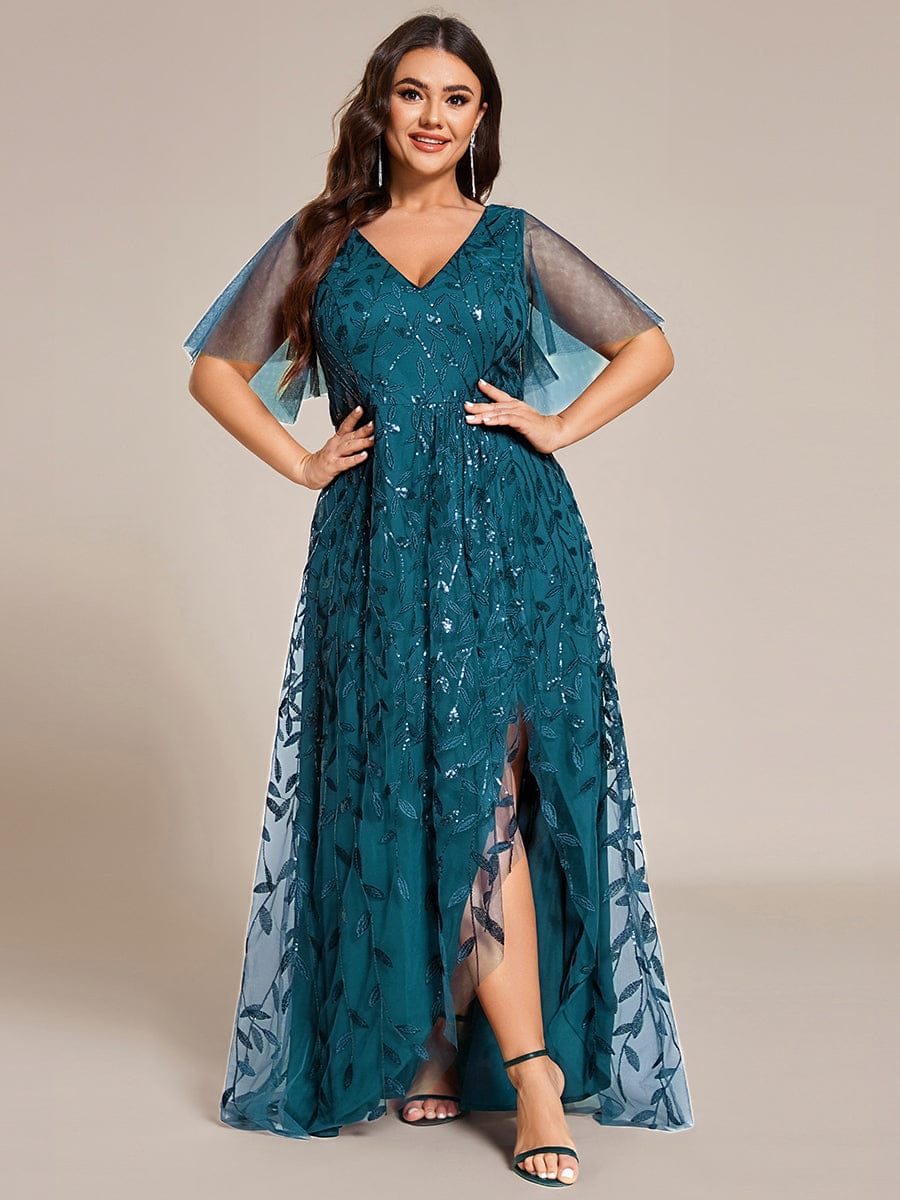 Plus Size Short Sleeves Sequin High Low V-Neck Midi Formal Evening Dress