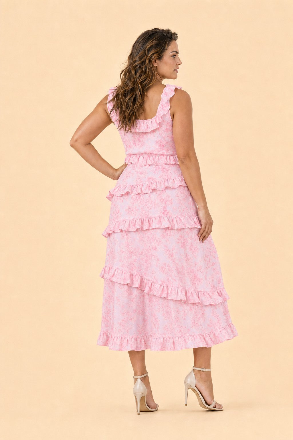 Plus Size Floral Bridesmaid Dress with Tiered Ruffles Stretch Fabric and Elegant Slit