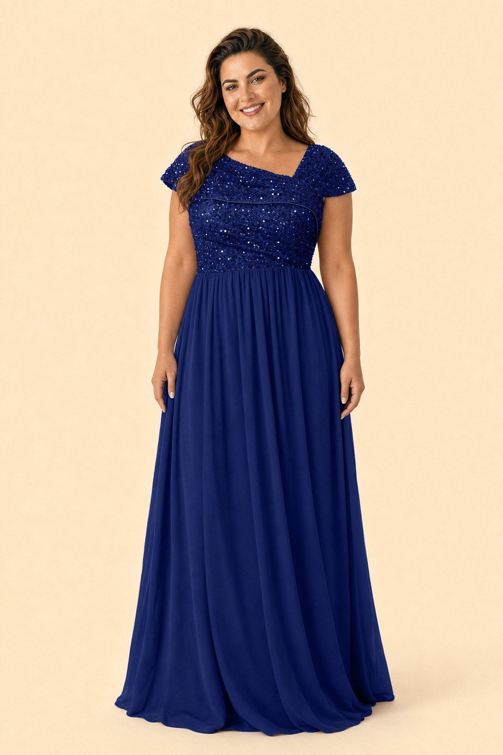 Asymmetrical Neck Evening Gown with Sequin Accent for Bridesmaids and Formal Events