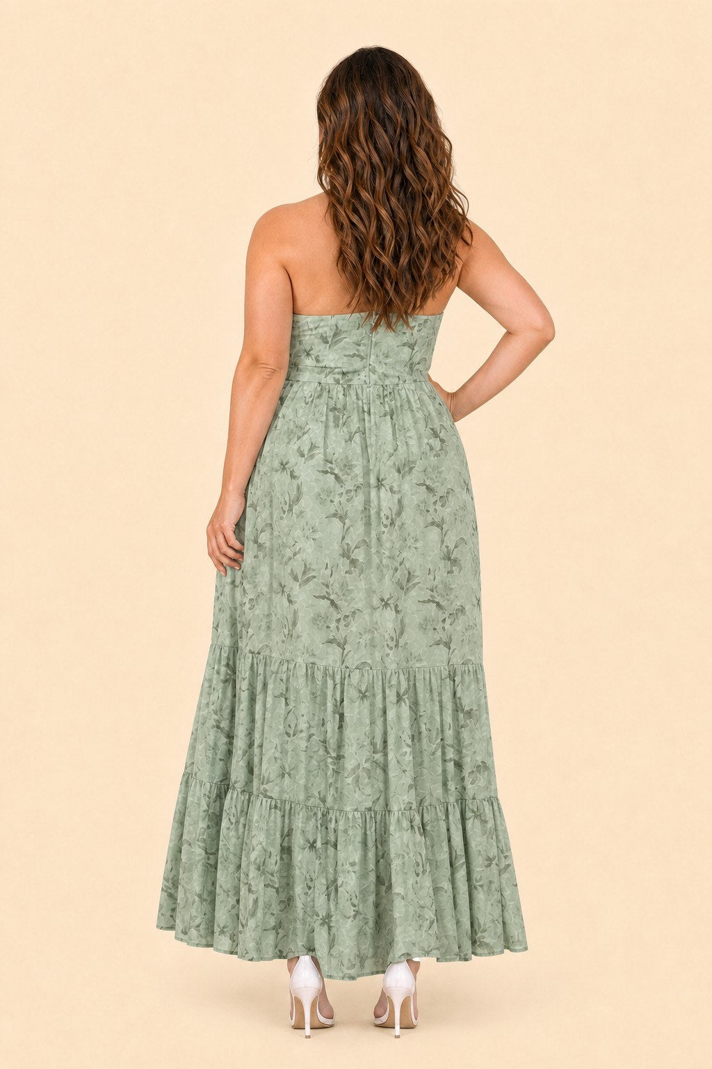 Romantic Floral Print Strapless Bridesmaid Dress with Open Back Detail