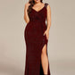 Plus Size Glitter V-Neck High Slit Sequin Shoulder Strap Evening Dress