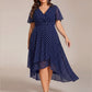Plus Size Chiffon Short Sleeves Pleated V-Neck A-Line Midi Wedding Guest Dress