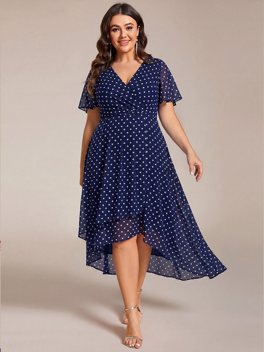 Plus Size Chiffon Short Sleeves Pleated V-Neck A-Line Midi Wedding Guest Dress