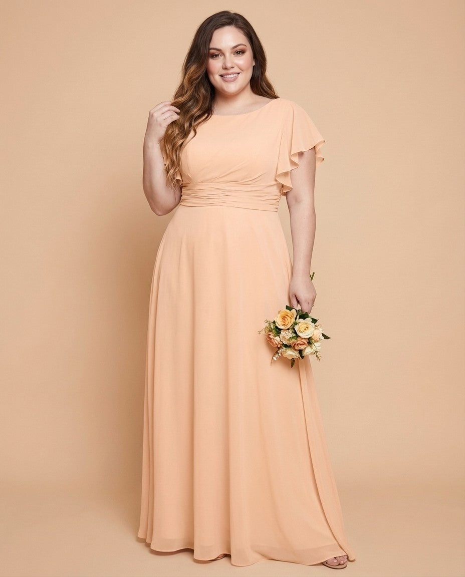 Avenleigh Plus Size Half Sleeve Pleated Chiffon A-Line Bridesmaid Dress for Wedding Party - N0338