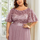 Plus Size Women's Embroidery Evening Dresses with Short Sleeve