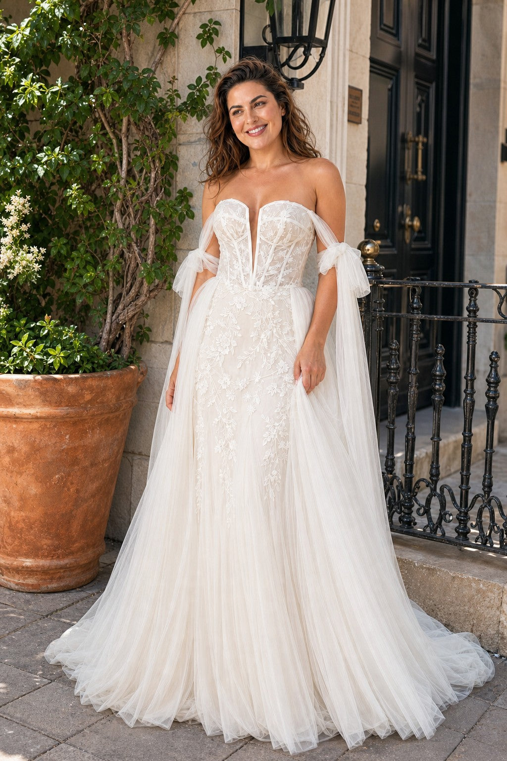Plus Size Bridal Gown Off Shoulder with Removable Skirt Romantic Bow Detail