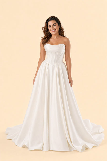 Romantic Timeless Plus Size Bridal Gown with Ruched Bodice and Basque Waistline
