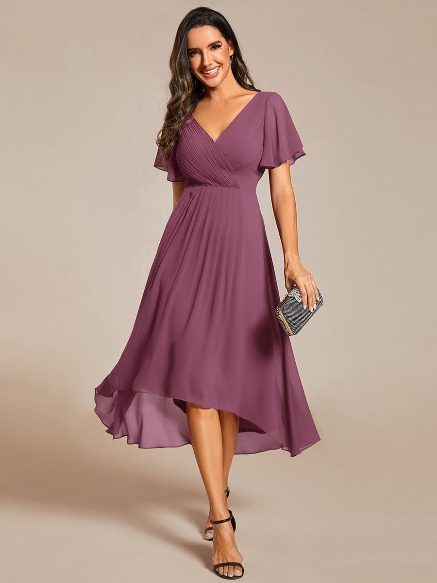 Plus Size Double V-Neck Ruffles Sleeve Chiffon Midi Wedding Guest Dress
