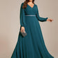 Plus Size A-Line V-Neck See-Through Long Sleeves Shiny Belt Chiffon Evening Dress