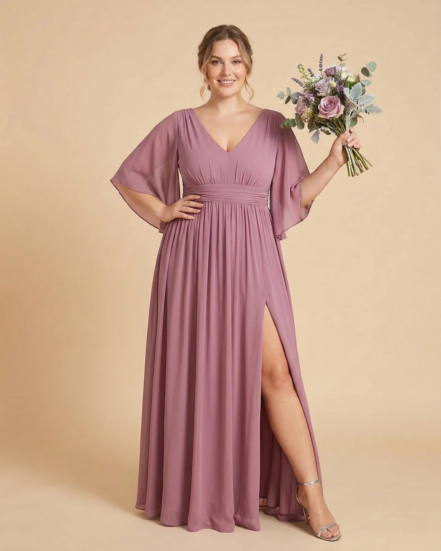 Petaline Romantic Plus Size A-Line Bridesmaid Dress with V-Neck Pleated Chiffon - for Weddings N0301
