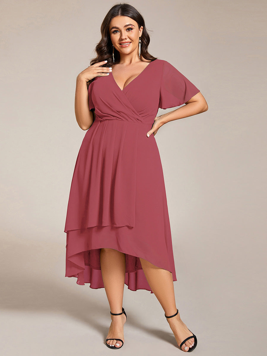 Plus Size Chiffon Short Sleeves Pleated V-Neck A-Line Midi Wedding Guest Dress