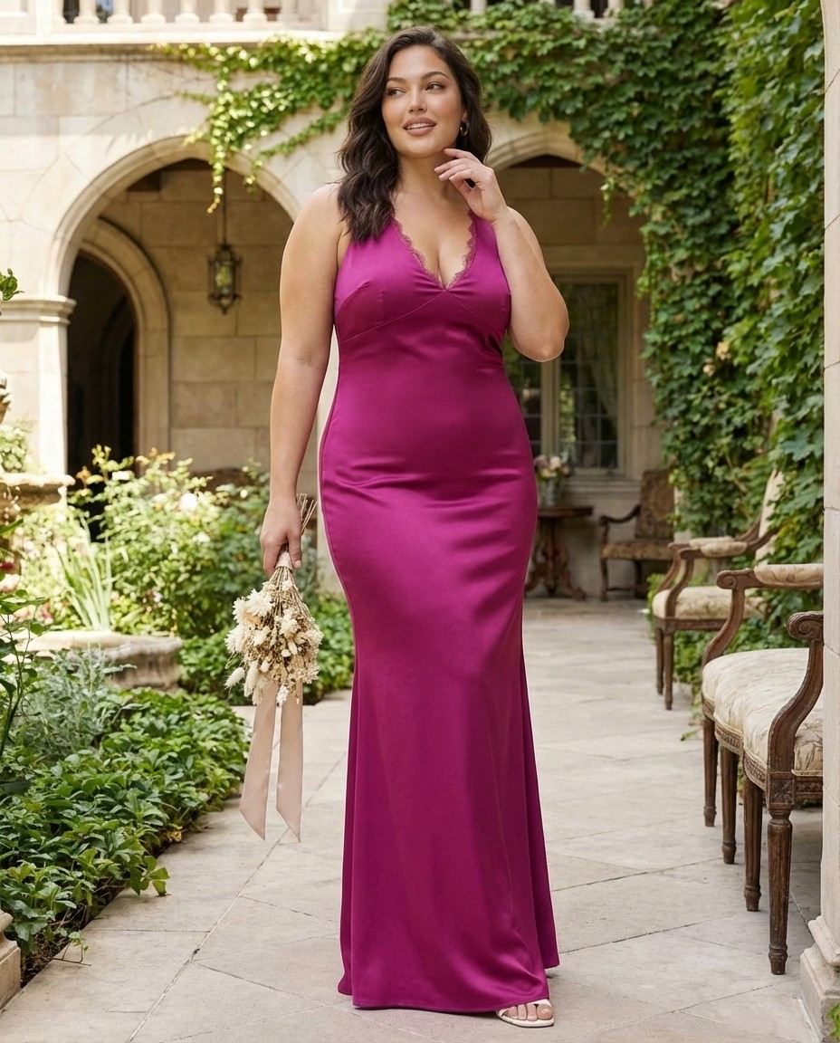 Silvarelle Elegant Stretch Satin Plus Size Bridesmaid Dress with Lace Trim for Weddings - N0359