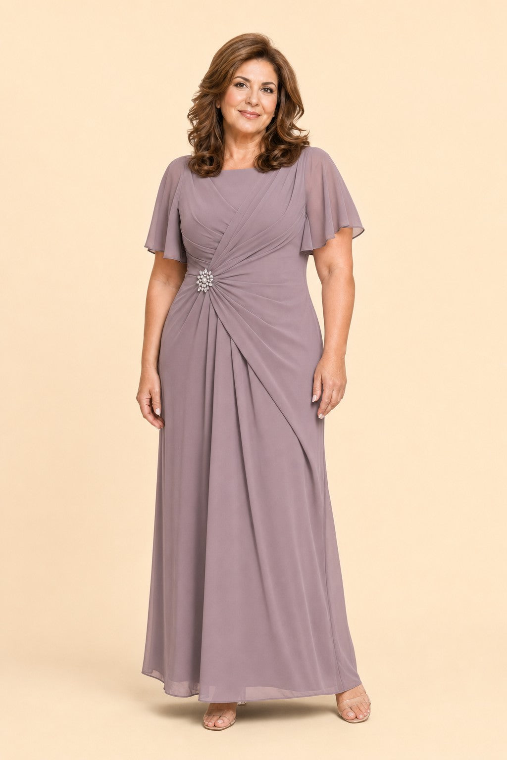 Plus Size A-Line Mother of the Bride Dress with Pleated Chiffon Flutter Sleeves