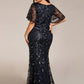 Fashion Plus Size V Neck Mermaid Sequin & Tulle Evening Dress