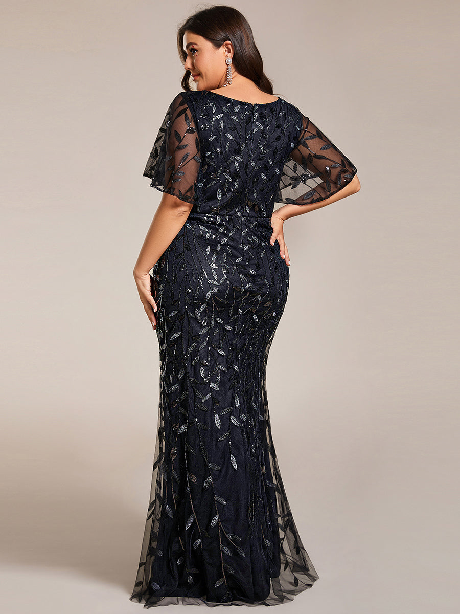 Fashion Plus Size V Neck Mermaid Sequin & Tulle Evening Dress