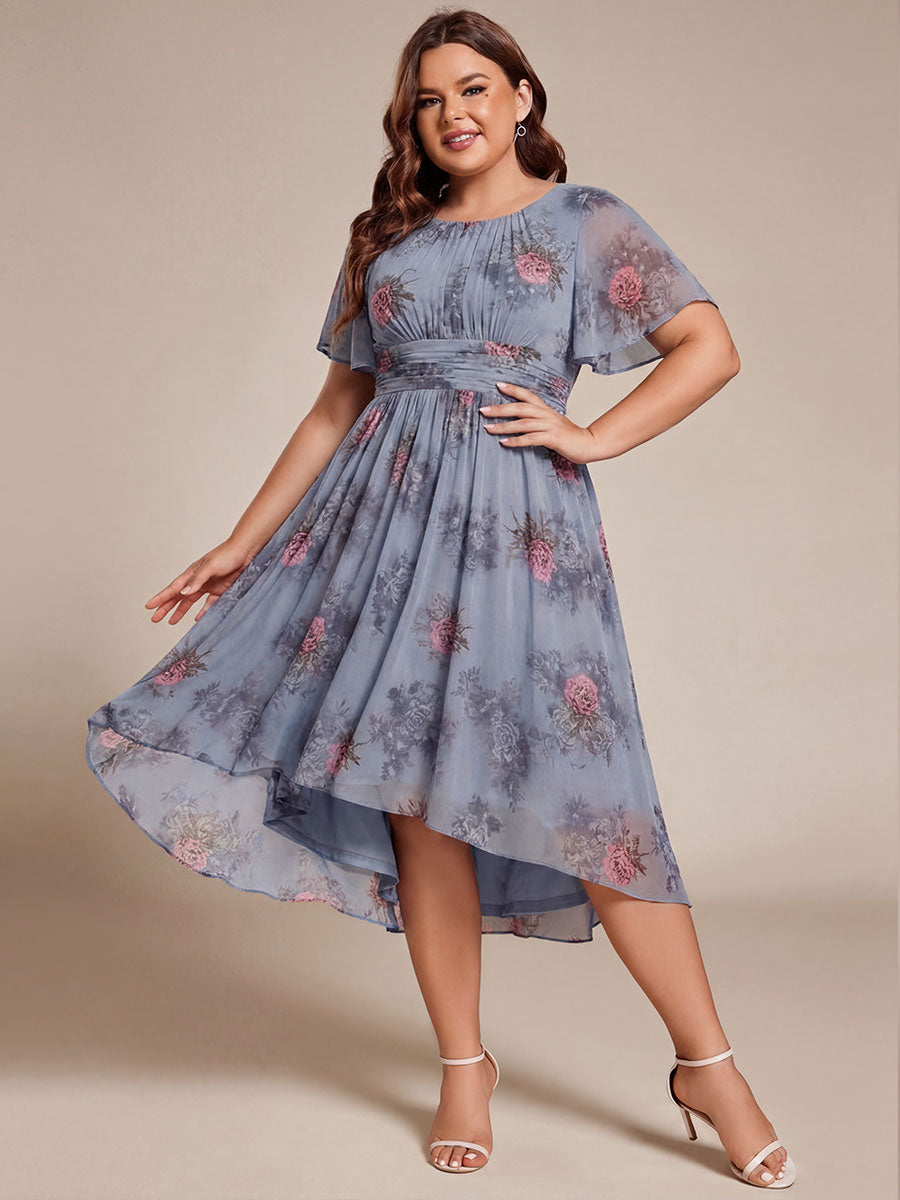 Plus Size Pleated Round Neckline A-Line Midi Chiffon Wedding Guest Dress