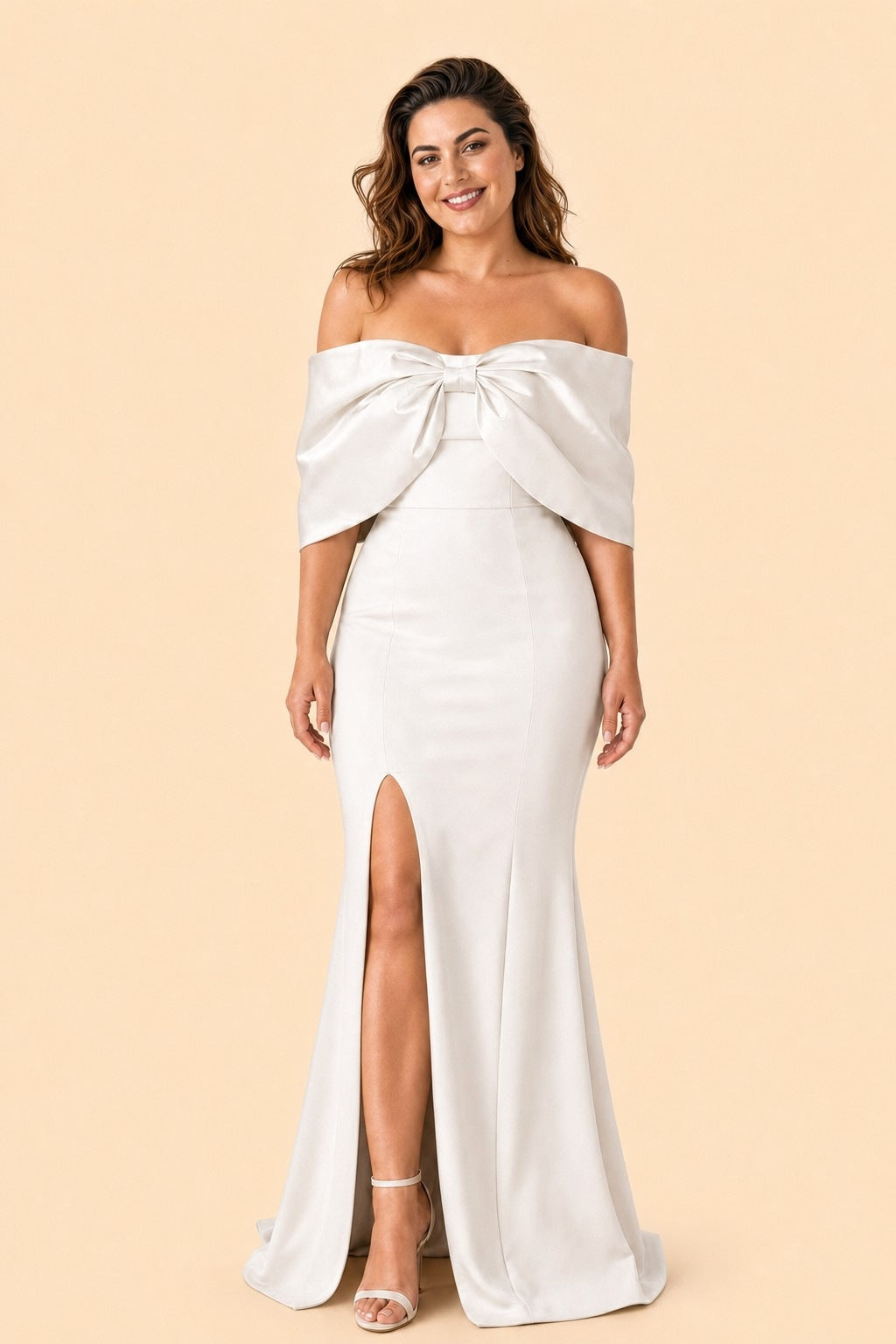 Elegant Plus Size Bridesmaid Dress with Off Shoulder Bow Detail and Slit