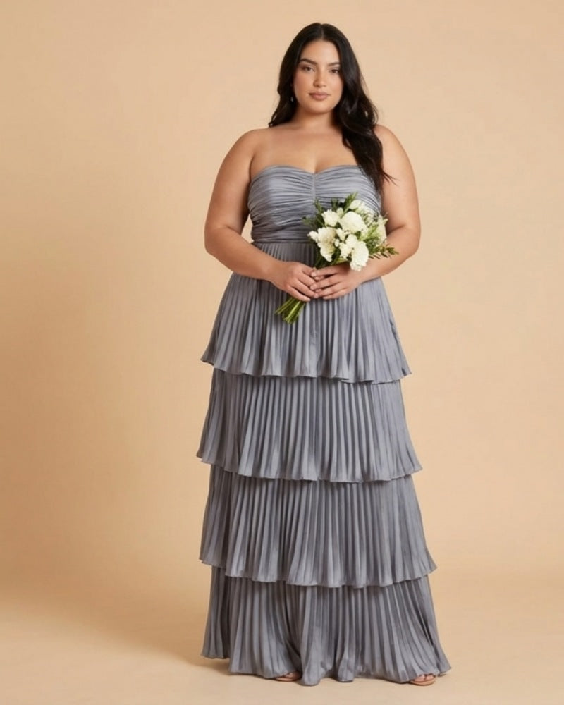 Chantarae Plus Size Romantic A-Line Ruffled Satin Bridesmaid Dress for Wedding Occasions -N0379