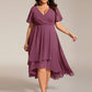 Plus Size Chiffon Short Sleeves Pleated V-Neck A-Line Midi Wedding Guest Dress