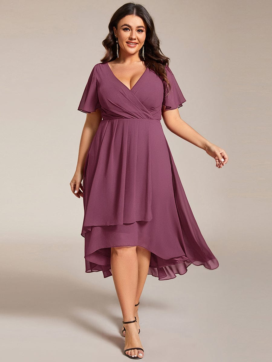 Plus Size Chiffon Short Sleeves Pleated V-Neck A-Line Midi Wedding Guest Dress