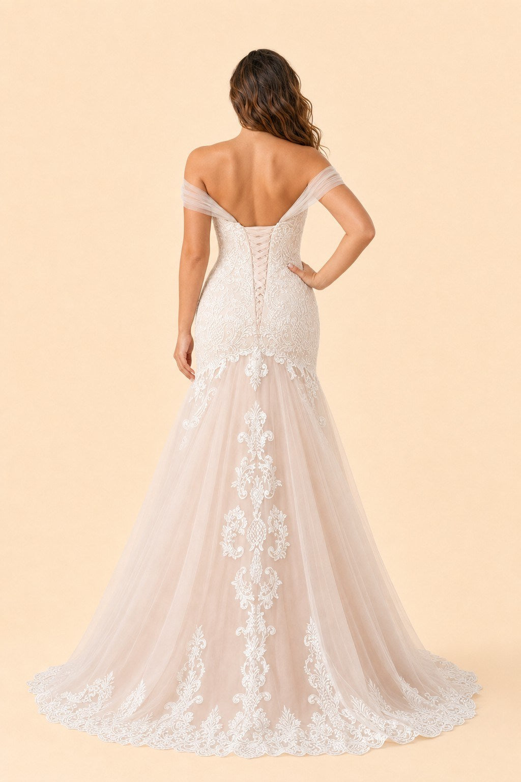 Plus Size Off Shoulder Lace Appliqué A-Line Wedding Dress with Lace-Up Back