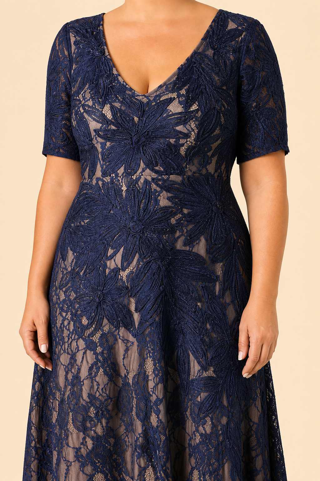 Floral Embroidered A-Line Mother Dress with Lace Detail and Short Sleeves