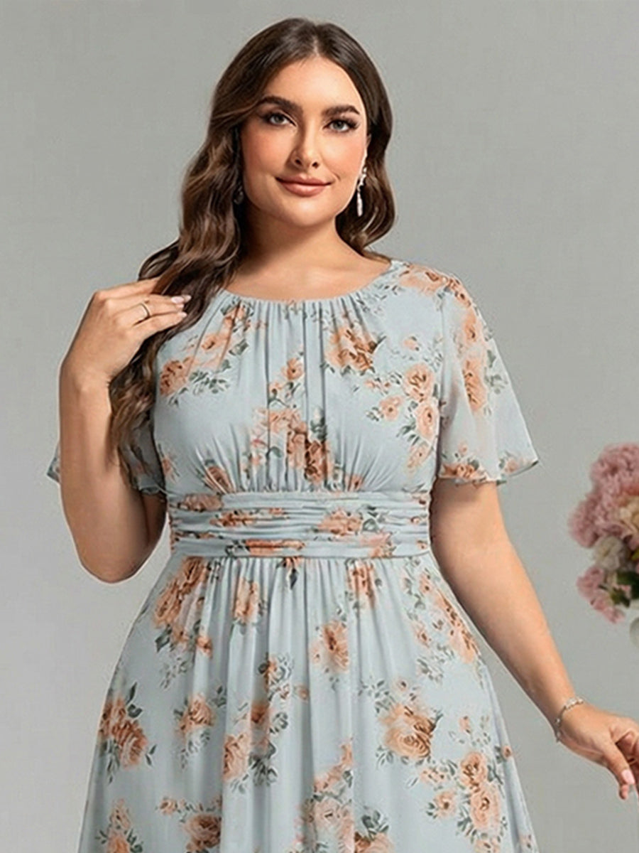 Plus Size Printed Chiffon Pleated Maxi Wedding Guest Dress