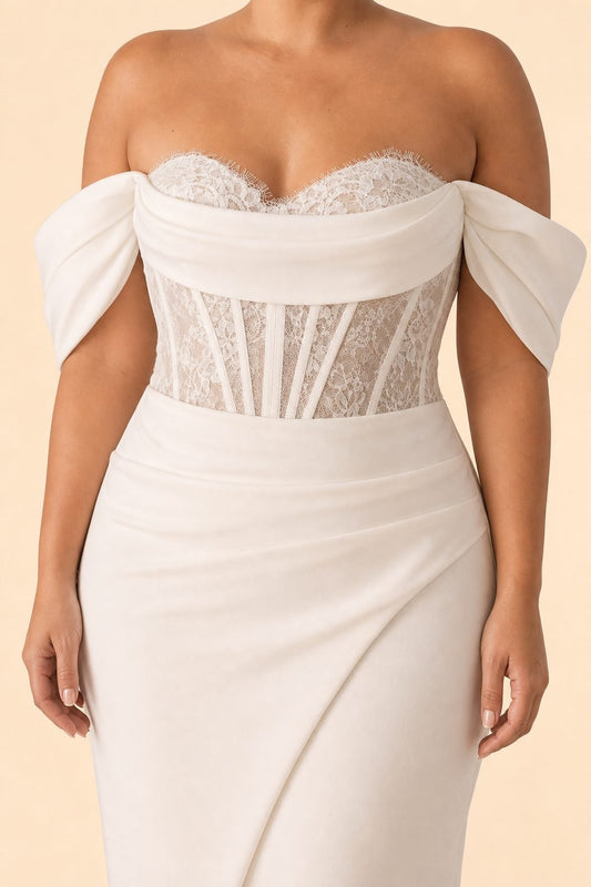 Plus Size Lace Wedding Dress with Slit and Asymmetrical Bow Back Detail