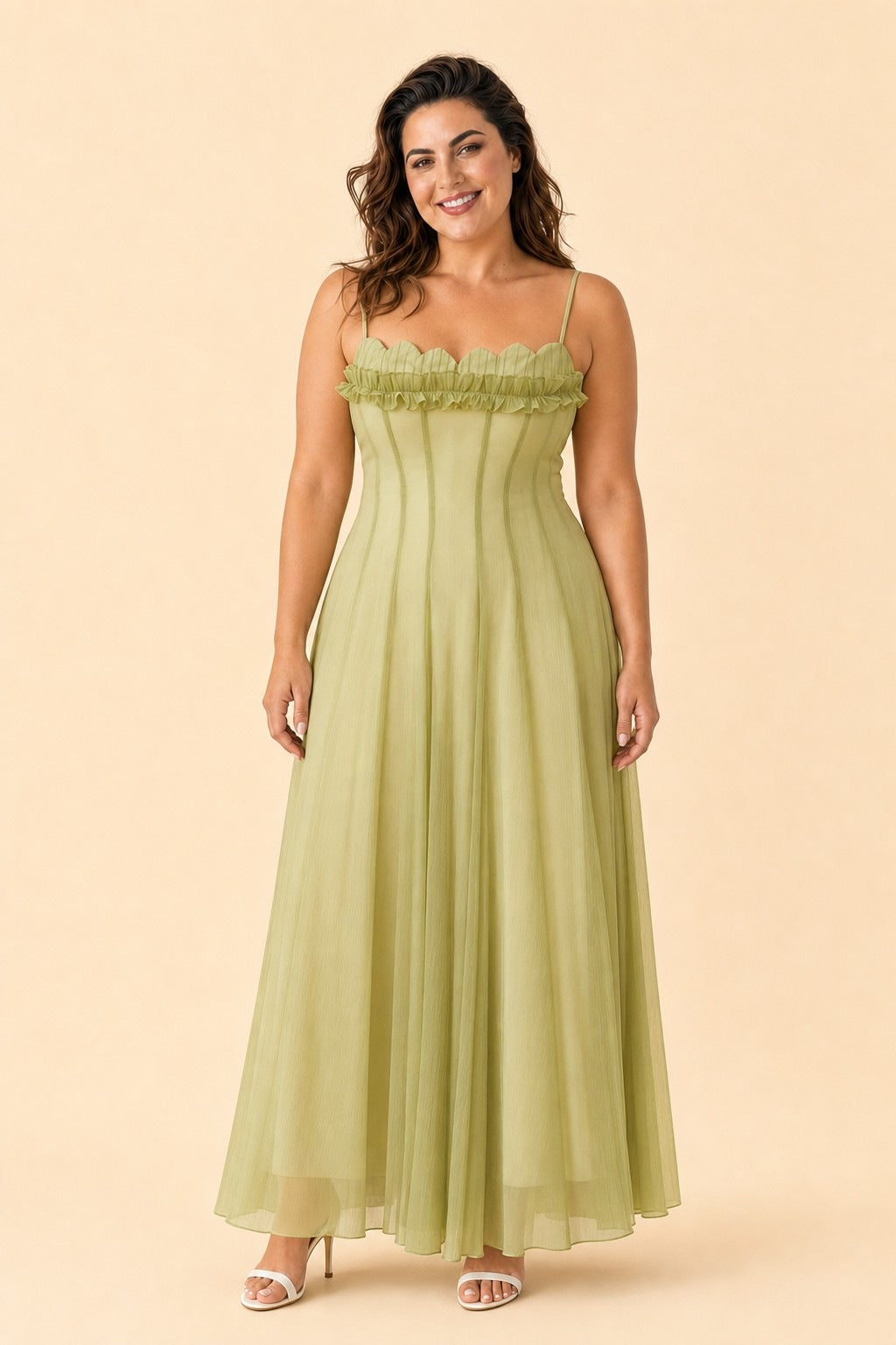 Plus Size Ruffled Shirred Tulle Bridesmaid Dress A-Line Maxi