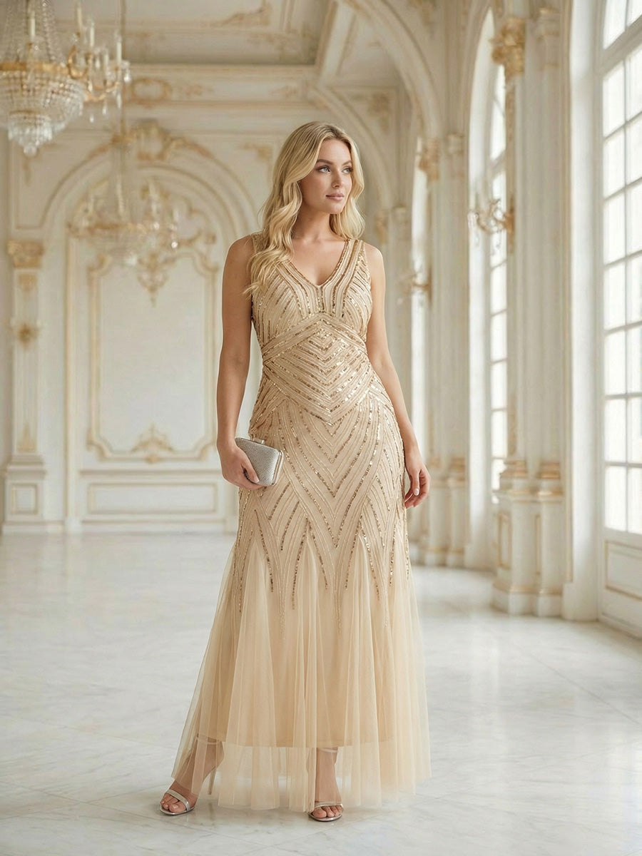 Plus Size Deep V-Neck Bead Embroidery Evening Dress