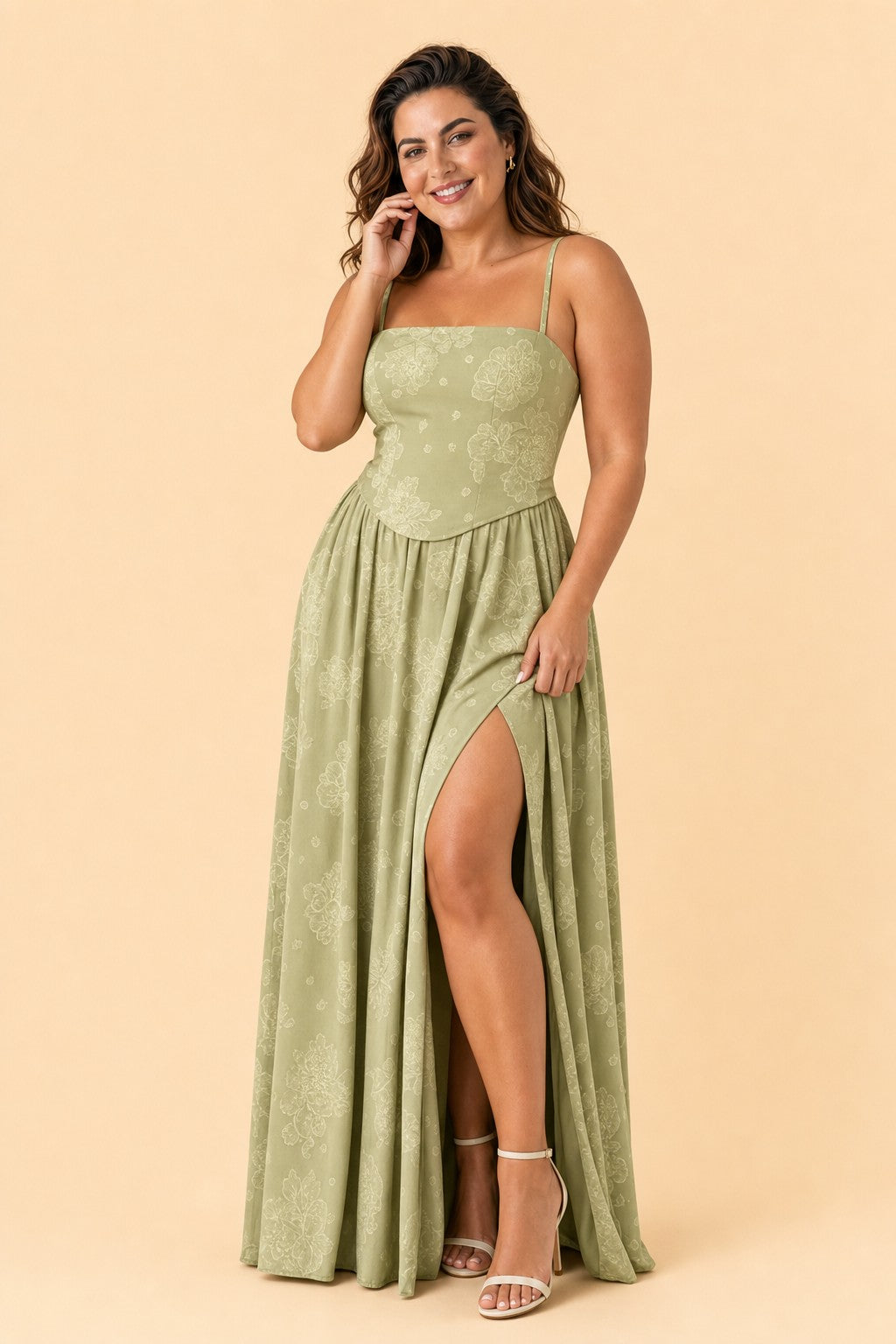 Plus Size Floral Burnout Bridesmaid Dress with Removable Straps and Lace Up Back