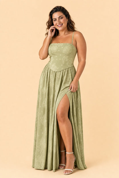 Plus Size Floral Burnout Bridesmaid Dress with Removable Straps and Lace Up Back