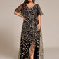 Plus Size Short Sleeves Sequin High Low V-Neck Midi Formal Evening Dress