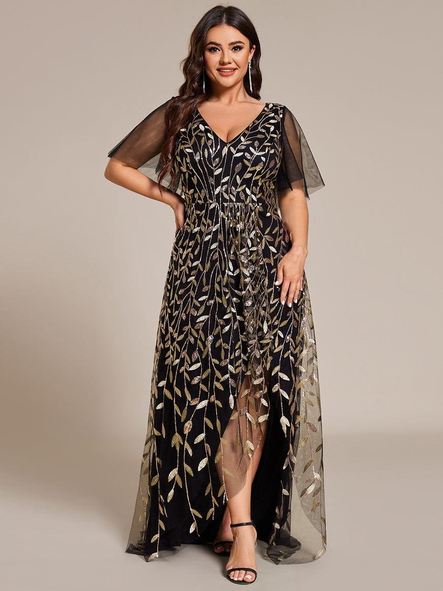 Plus Size Short Sleeves Sequin High Low V-Neck Midi Formal Evening Dress