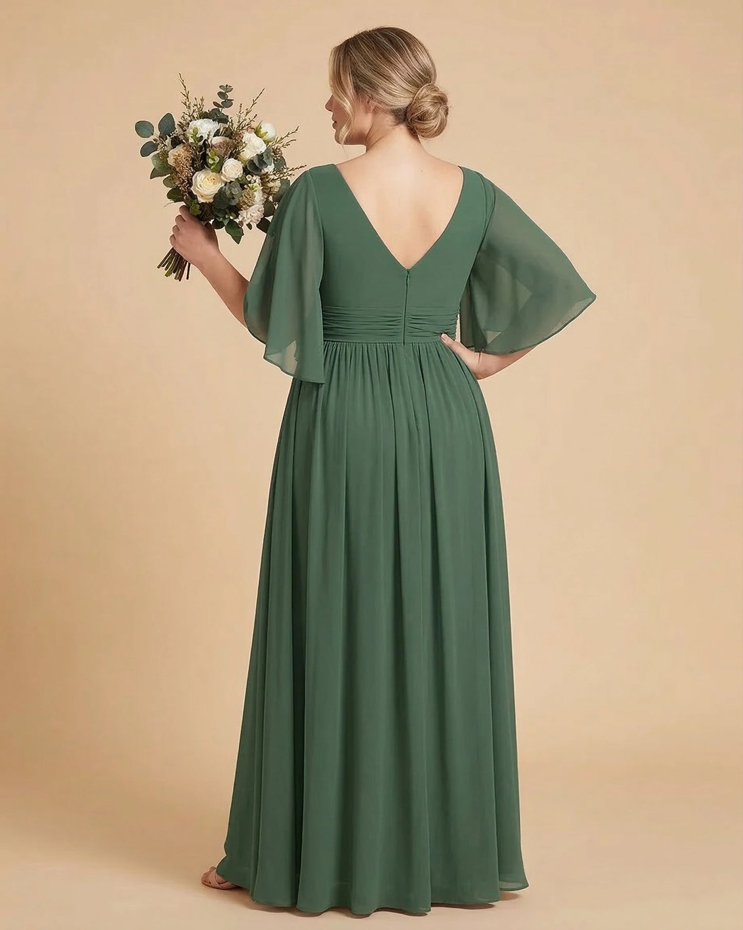 Petaline Romantic Plus Size A-Line Bridesmaid Dress with V-Neck Pleated Chiffon - for Weddings N0301